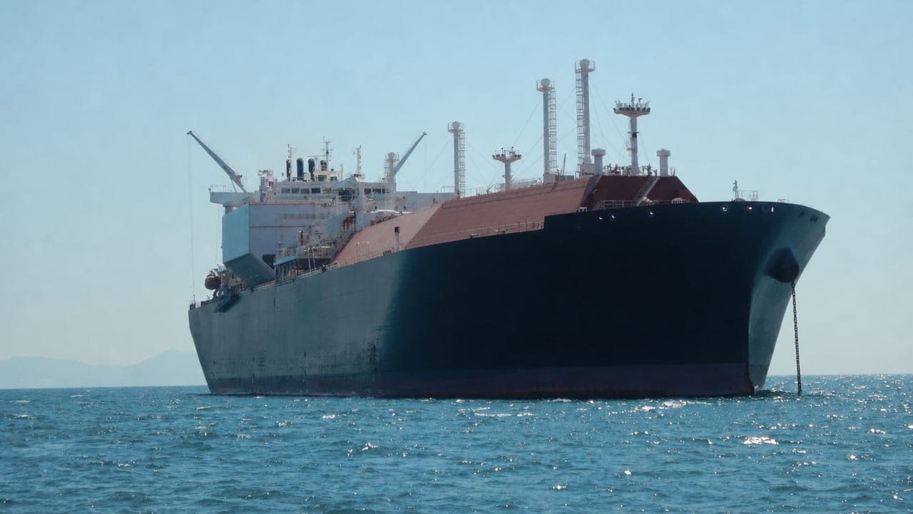 A gas carrier lying at anchor, seen bow on, with cargo tanks and deck cranes visible along her length.